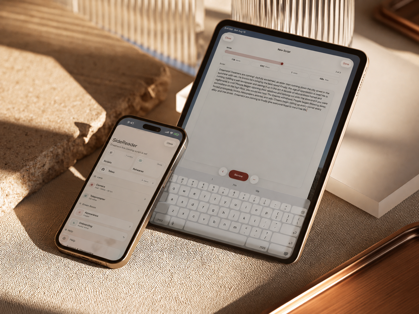 SideReader open on an iPhone and iPad in a warm studio workspace.
