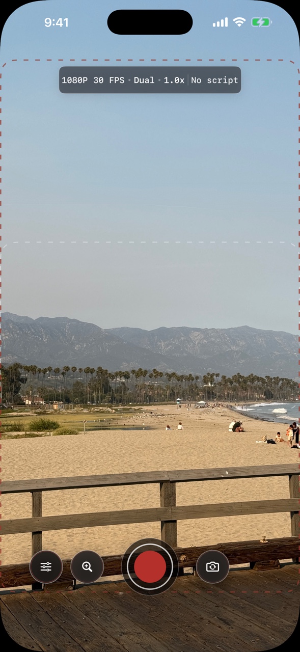 SideReader camera on iPhone framing a beach and mountain view with no script active.
