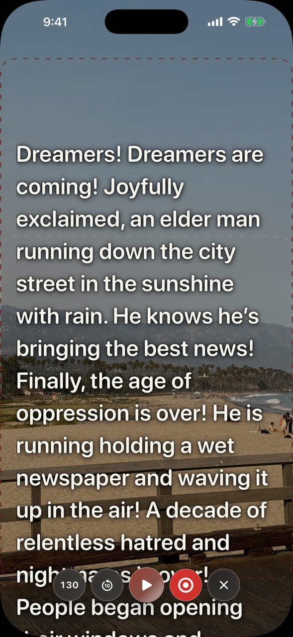 SideReader rehearsal on iPhone showing the Dreamers script over a beach and mountain view with playback controls.