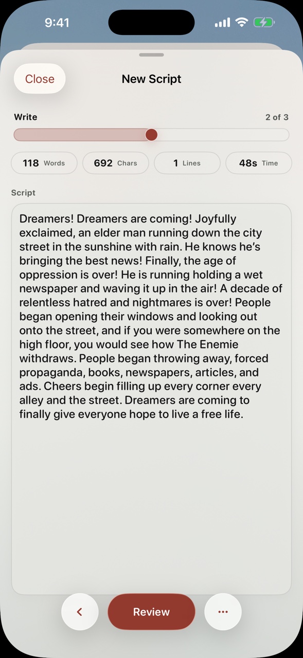 SideReader script editor on iPhone showing the Dreamers script in the writing step.