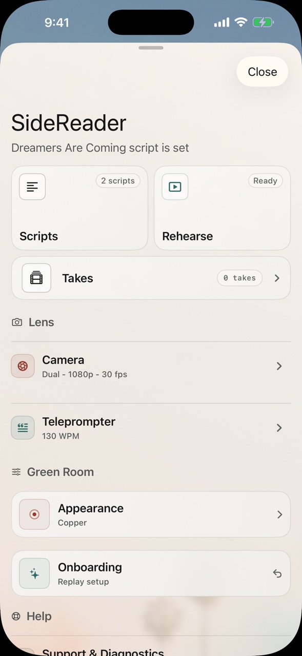SideReader tools screen showing scripts, takes, camera, teleprompter, appearance, and diagnostics settings.